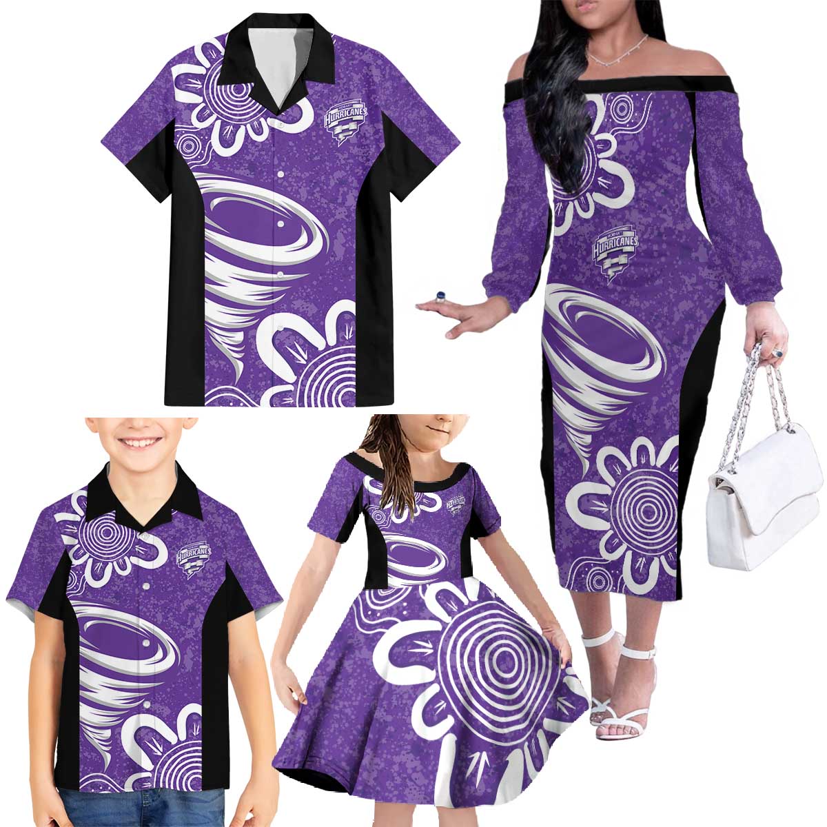 Hobart Hurricanes Custom Family Matching Off The Shoulder Long Sleeve Dress and Hawaiian Shirt Minimalism Aboriginal