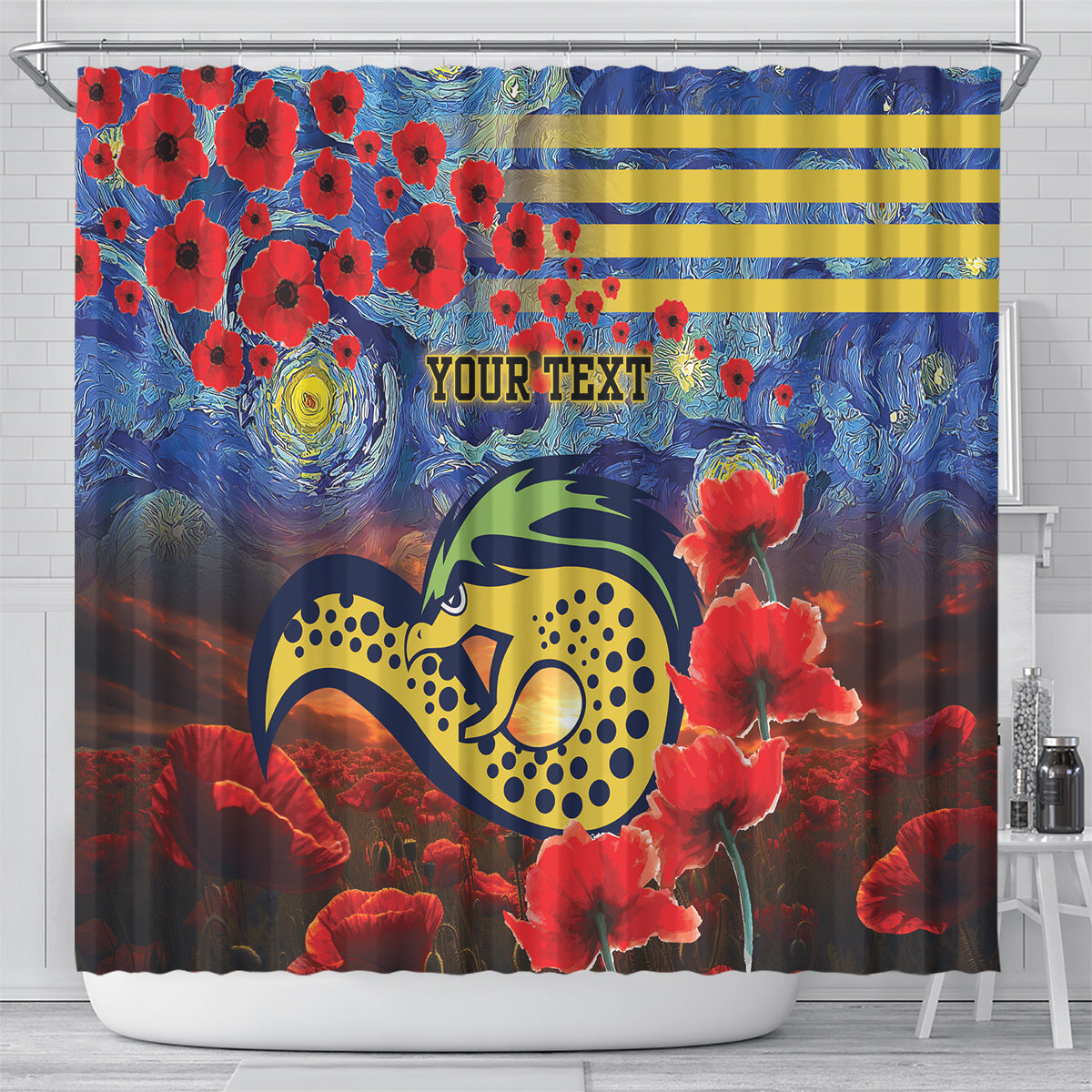 Personalised Eels Rugby ANZAC Shower Curtain Starry Night and Field of Poppies