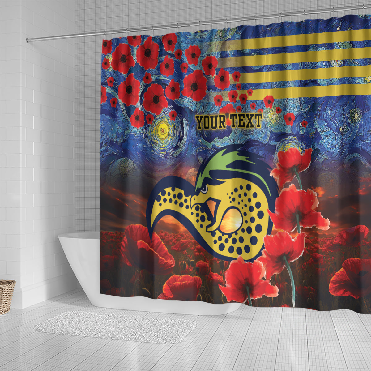 Personalised Eels Rugby ANZAC Shower Curtain Starry Night and Field of Poppies