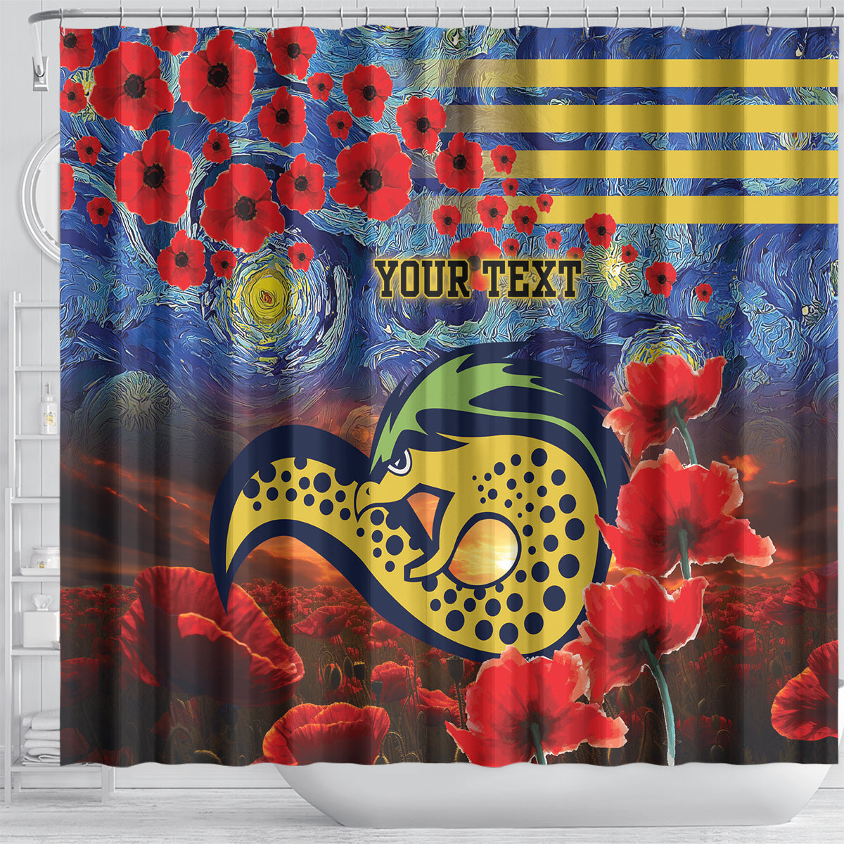 Personalised Eels Rugby ANZAC Shower Curtain Starry Night and Field of Poppies