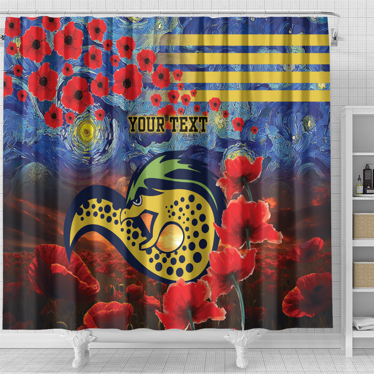Personalised Eels Rugby ANZAC Shower Curtain Starry Night and Field of Poppies