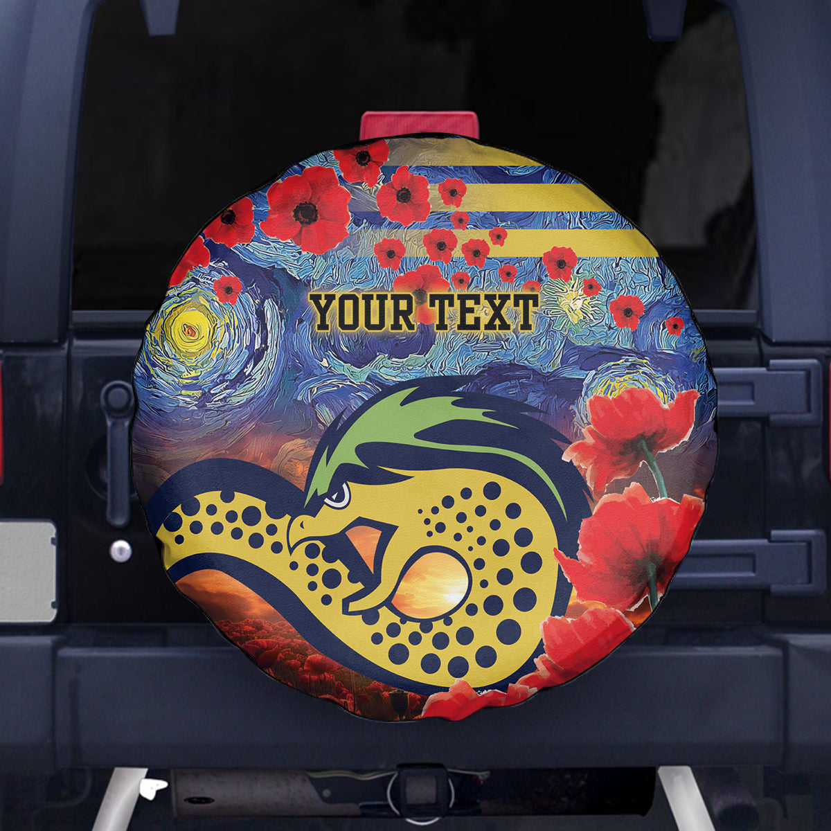 Personalised Eels Rugby ANZAC Spare Tire Cover Starry Night and Field of Poppies