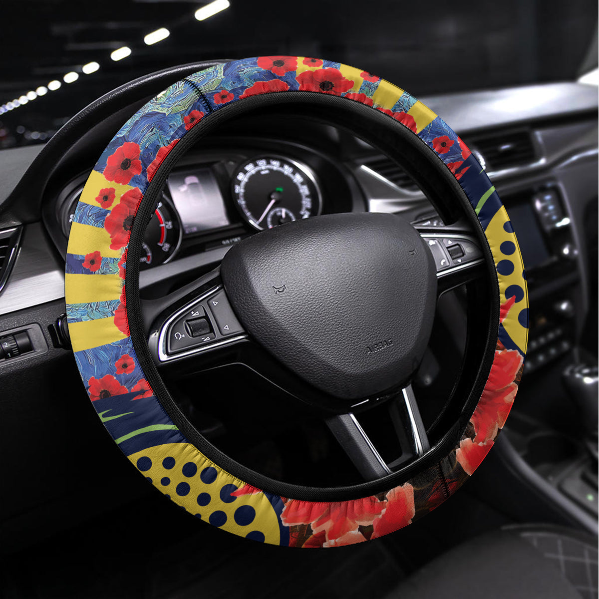 Eels Rugby ANZAC Steering Wheel Cover Starry Night and Field of Poppies