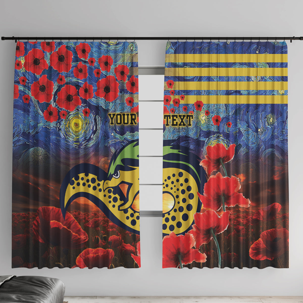 Personalised Eels Rugby ANZAC Window Curtain Starry Night and Field of Poppies