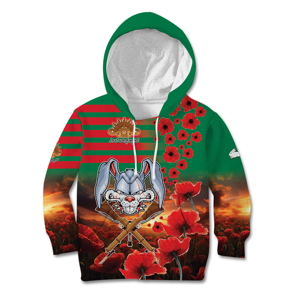 Personalised Rabbitohs Rugby ANZAC Kid Hoodie Starry Night and Field of Poppies