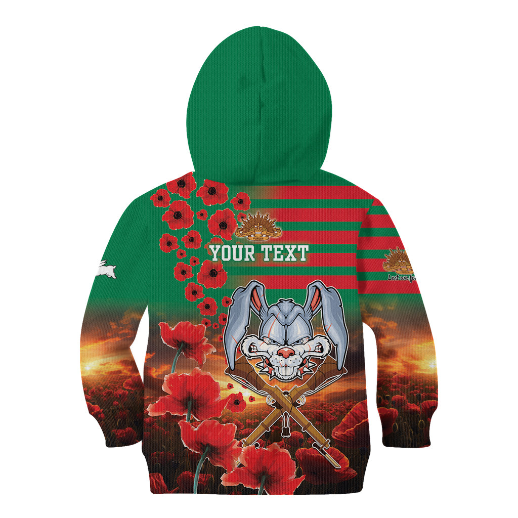 Personalised Rabbitohs Rugby ANZAC Kid Hoodie Starry Night and Field of Poppies