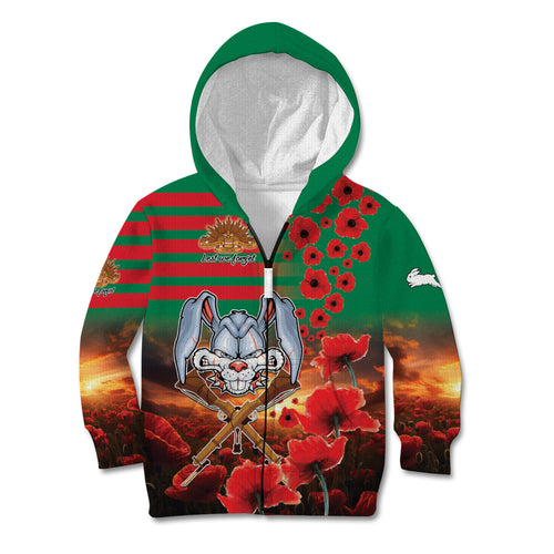 Personalised Rabbitohs Rugby ANZAC Kid Hoodie Starry Night and Field of Poppies