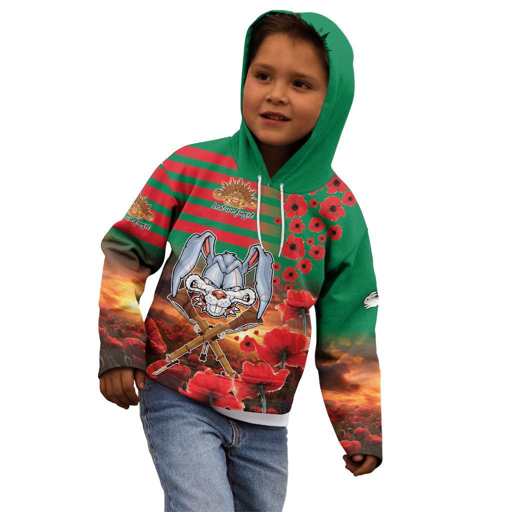 Personalised Rabbitohs Rugby ANZAC Kid Hoodie Starry Night and Field of Poppies