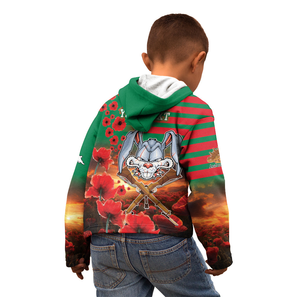 Personalised Rabbitohs Rugby ANZAC Kid Hoodie Starry Night and Field of Poppies