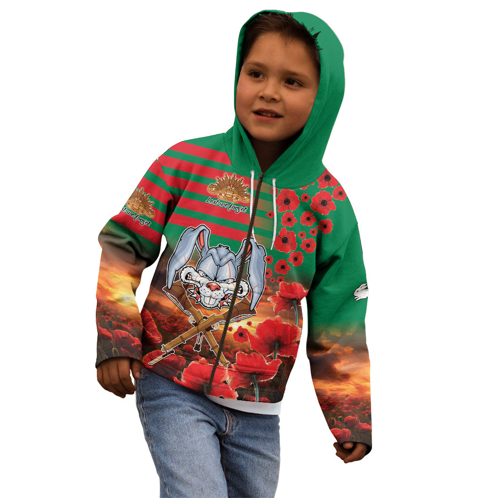 Personalised Rabbitohs Rugby ANZAC Kid Hoodie Starry Night and Field of Poppies