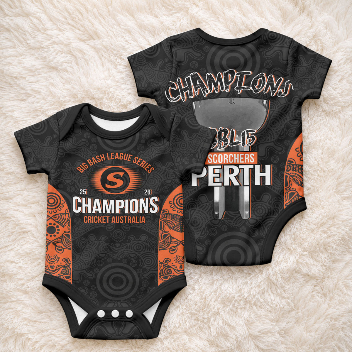 Cricket Australia Perth Champions 2026 Baby Onesie Black Aboriginal Dot Art