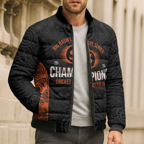 Cricket Australia Perth Champions 2026 Bomber Puffer Jacket Black Aboriginal Dot Art