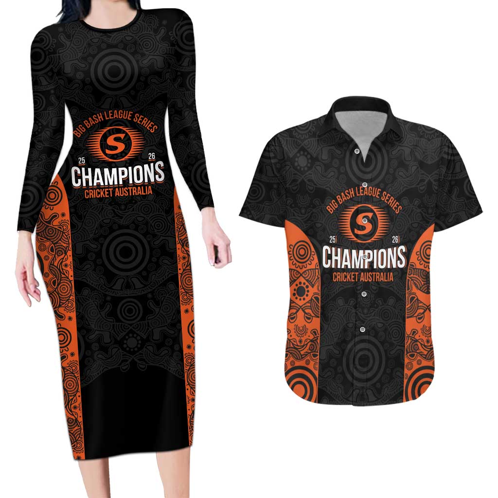 Cricket Australia Perth Champions 2026 Couples Matching Long Sleeve Bodycon Dress and Hawaiian Shirt Black Aboriginal Dot Art