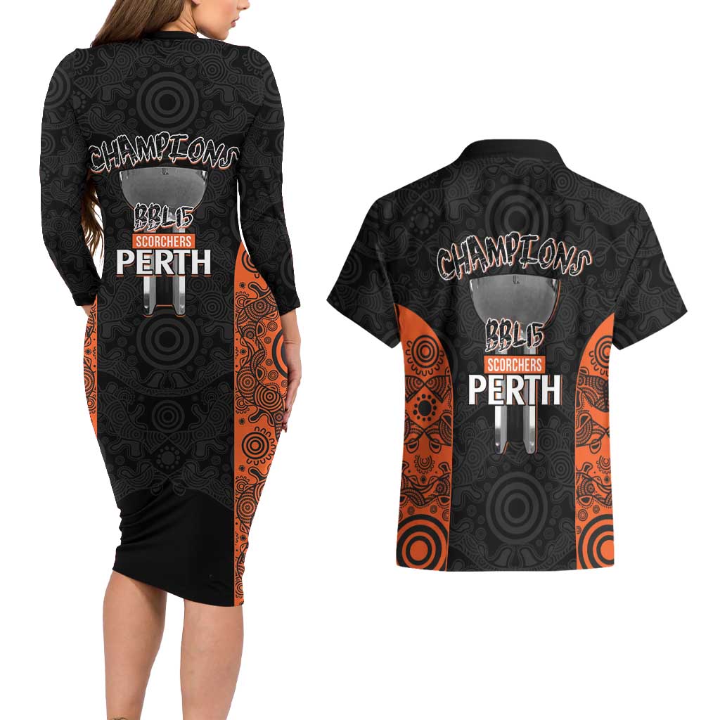 Cricket Australia Perth Champions 2026 Couples Matching Long Sleeve Bodycon Dress and Hawaiian Shirt Black Aboriginal Dot Art