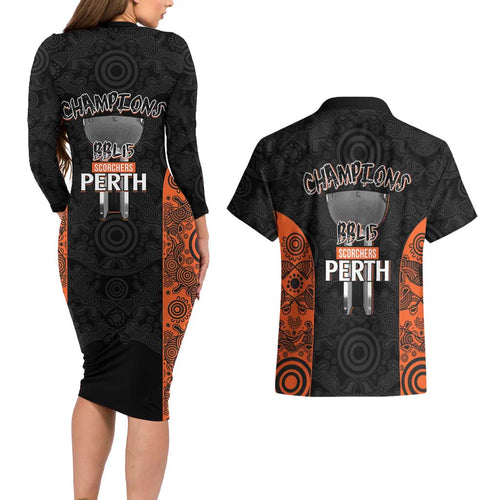 Cricket Australia Perth Champions 2026 Couples Matching Long Sleeve Bodycon Dress and Hawaiian Shirt Black Aboriginal Dot Art