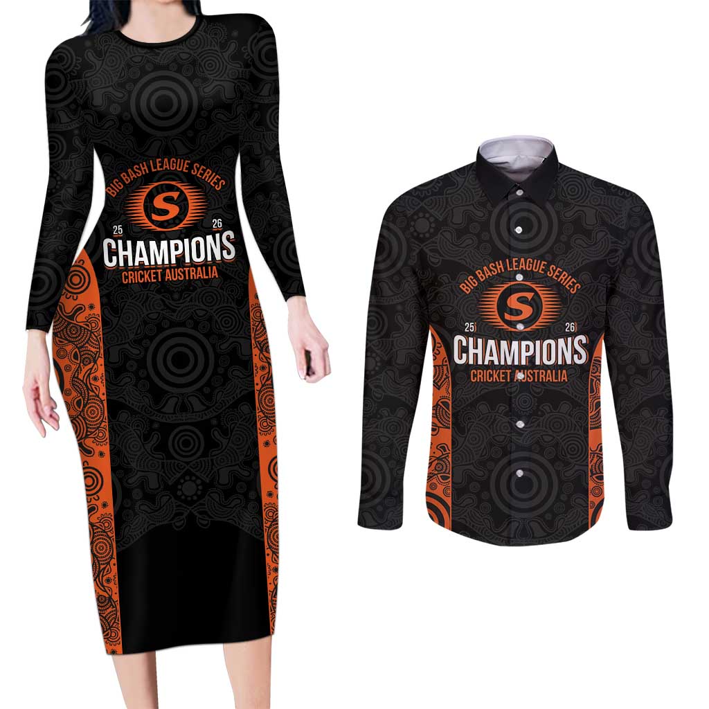 Cricket Australia Perth Champions 2026 Couples Matching Long Sleeve Bodycon Dress and Long Sleeve Button Shirt Black Aboriginal Dot Art