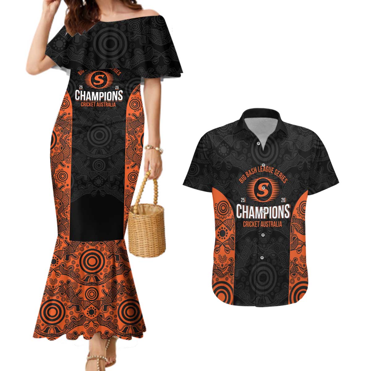 Cricket Australia Perth Champions 2026 Couples Matching Mermaid Dress and Hawaiian Shirt Black Aboriginal Dot Art
