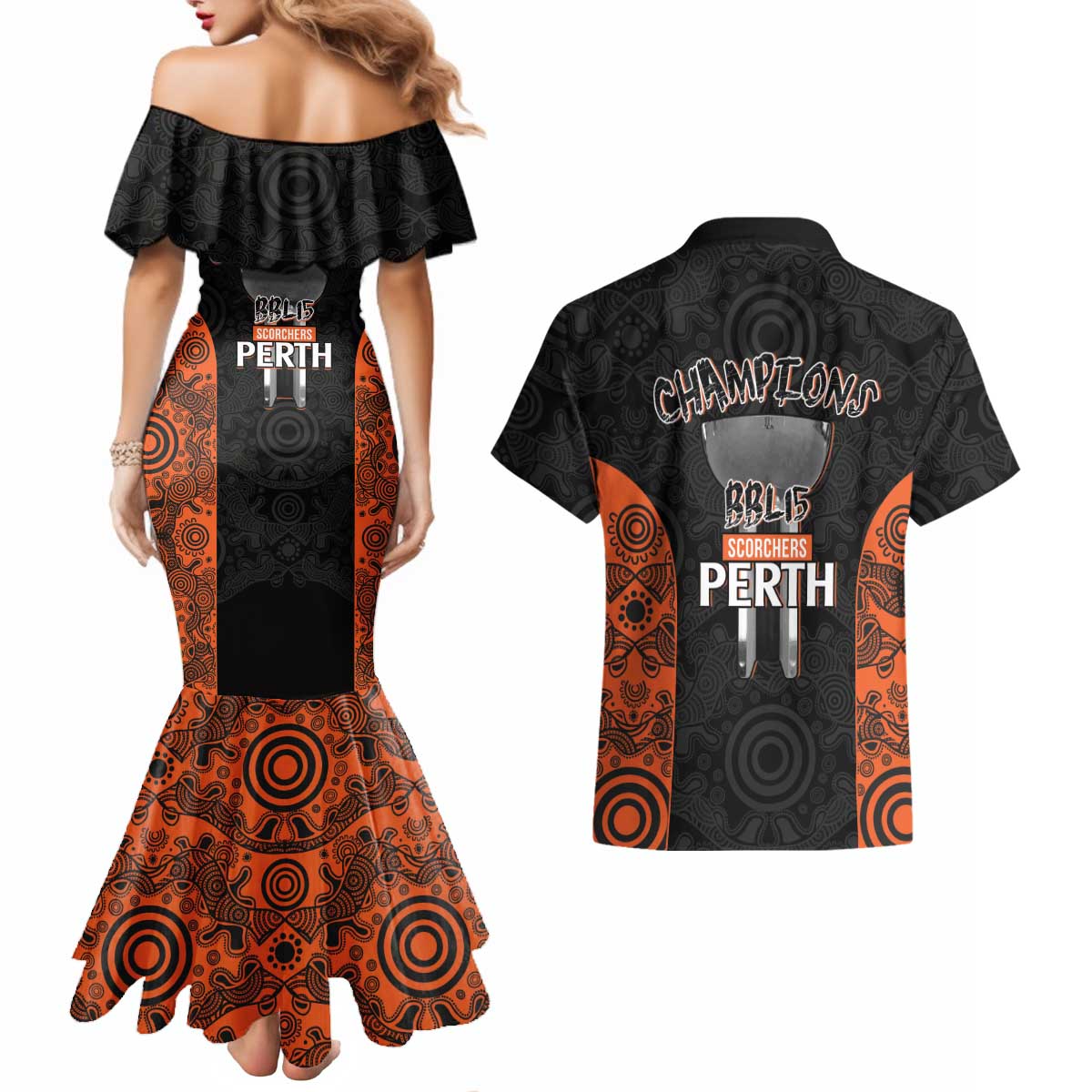 Cricket Australia Perth Champions 2026 Couples Matching Mermaid Dress and Hawaiian Shirt Black Aboriginal Dot Art
