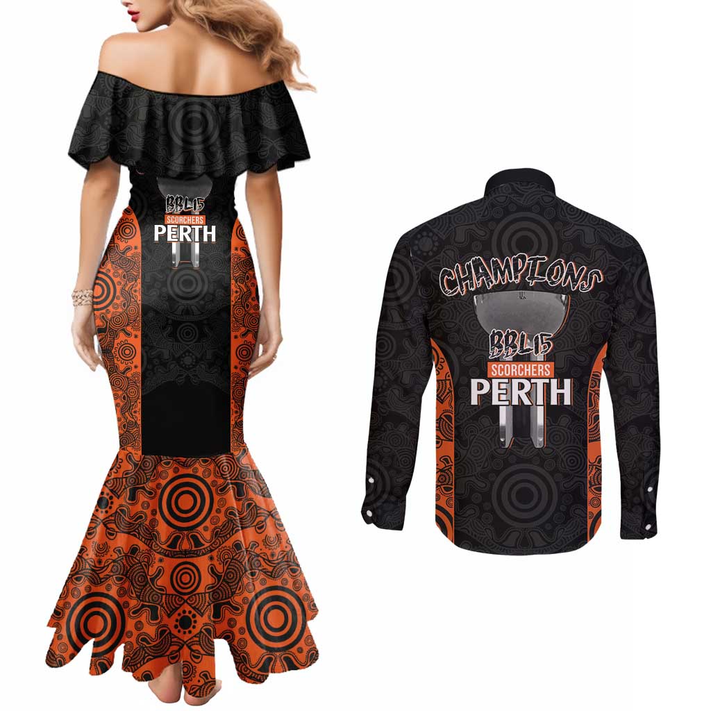 Cricket Australia Perth Champions 2026 Couples Matching Mermaid Dress and Long Sleeve Button Shirt Black Aboriginal Dot Art
