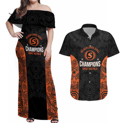 Cricket Australia Perth Champions 2026 Couples Matching Off Shoulder Maxi Dress and Hawaiian Shirt Black Aboriginal Dot Art