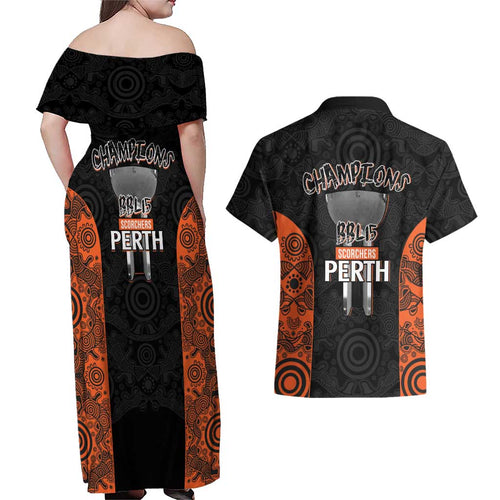 Cricket Australia Perth Champions 2026 Couples Matching Off Shoulder Maxi Dress and Hawaiian Shirt Black Aboriginal Dot Art