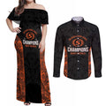 Cricket Australia Perth Champions 2026 Couples Matching Off Shoulder Maxi Dress and Long Sleeve Button Shirt Black Aboriginal Dot Art