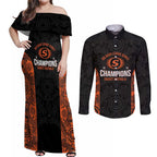 Cricket Australia Perth Champions 2026 Couples Matching Off Shoulder Maxi Dress and Long Sleeve Button Shirt Black Aboriginal Dot Art