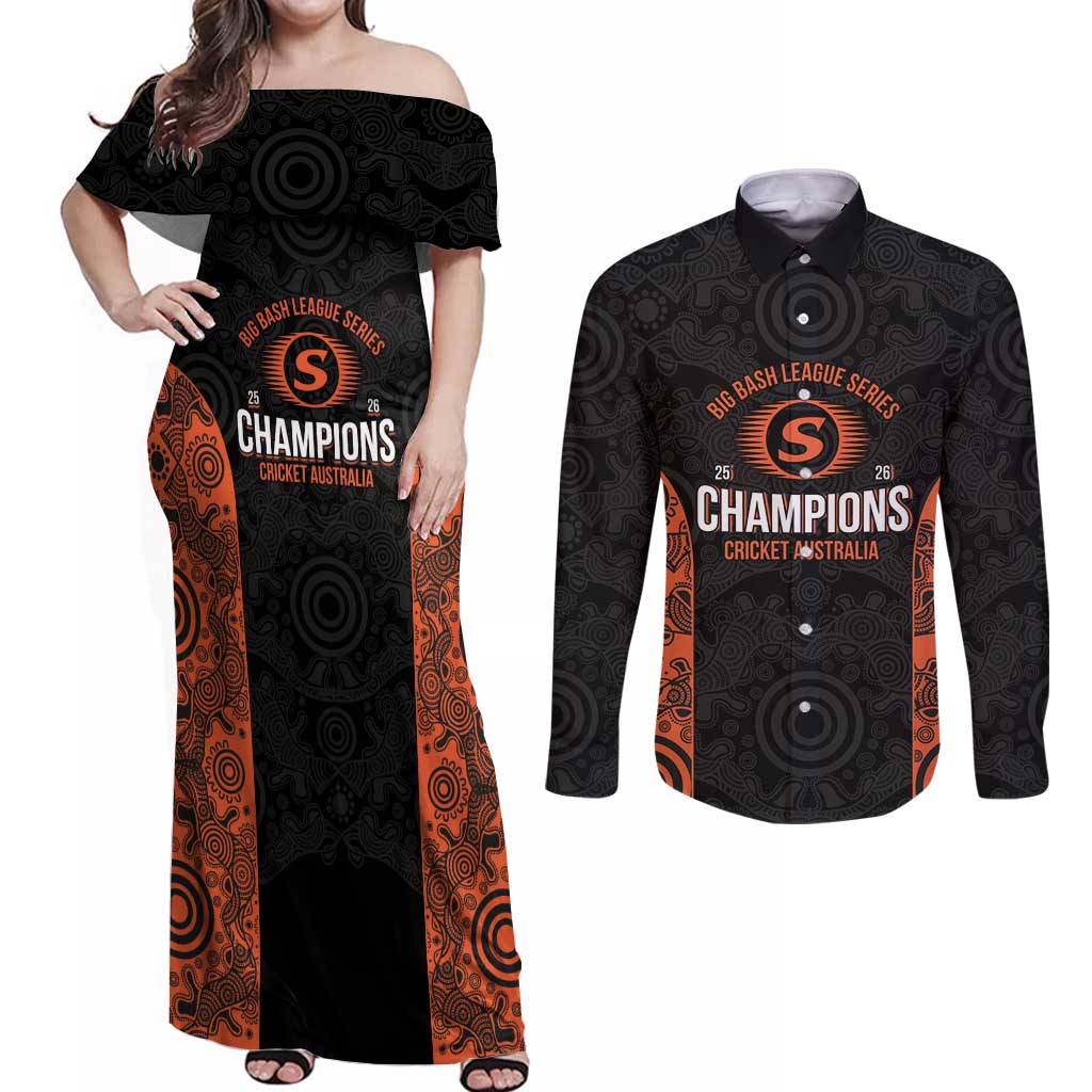 Cricket Australia Perth Champions 2026 Couples Matching Off Shoulder Maxi Dress and Long Sleeve Button Shirt Black Aboriginal Dot Art