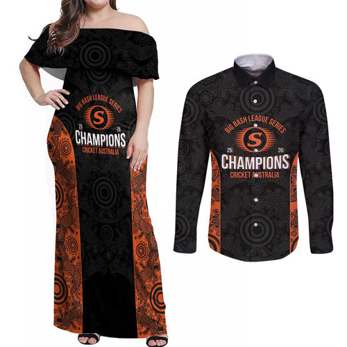 Cricket Australia Perth Champions 2026 Couples Matching Off Shoulder Maxi Dress and Long Sleeve Button Shirt Black Aboriginal Dot Art