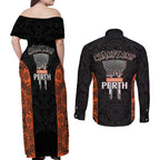 Cricket Australia Perth Champions 2026 Couples Matching Off Shoulder Maxi Dress and Long Sleeve Button Shirt Black Aboriginal Dot Art