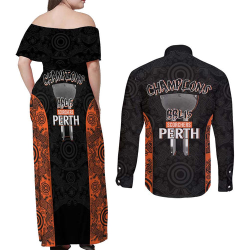 Cricket Australia Perth Champions 2026 Couples Matching Off Shoulder Maxi Dress and Long Sleeve Button Shirt Black Aboriginal Dot Art