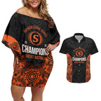 Cricket Australia Perth Champions 2026 Couples Matching Off Shoulder Short Dress and Hawaiian Shirt Black Aboriginal Dot Art