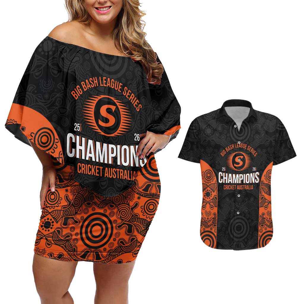 Cricket Australia Perth Champions 2026 Couples Matching Off Shoulder Short Dress and Hawaiian Shirt Black Aboriginal Dot Art