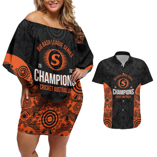 Cricket Australia Perth Champions 2026 Couples Matching Off Shoulder Short Dress and Hawaiian Shirt Black Aboriginal Dot Art