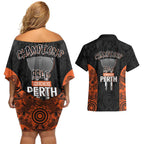 Cricket Australia Perth Champions 2026 Couples Matching Off Shoulder Short Dress and Hawaiian Shirt Black Aboriginal Dot Art