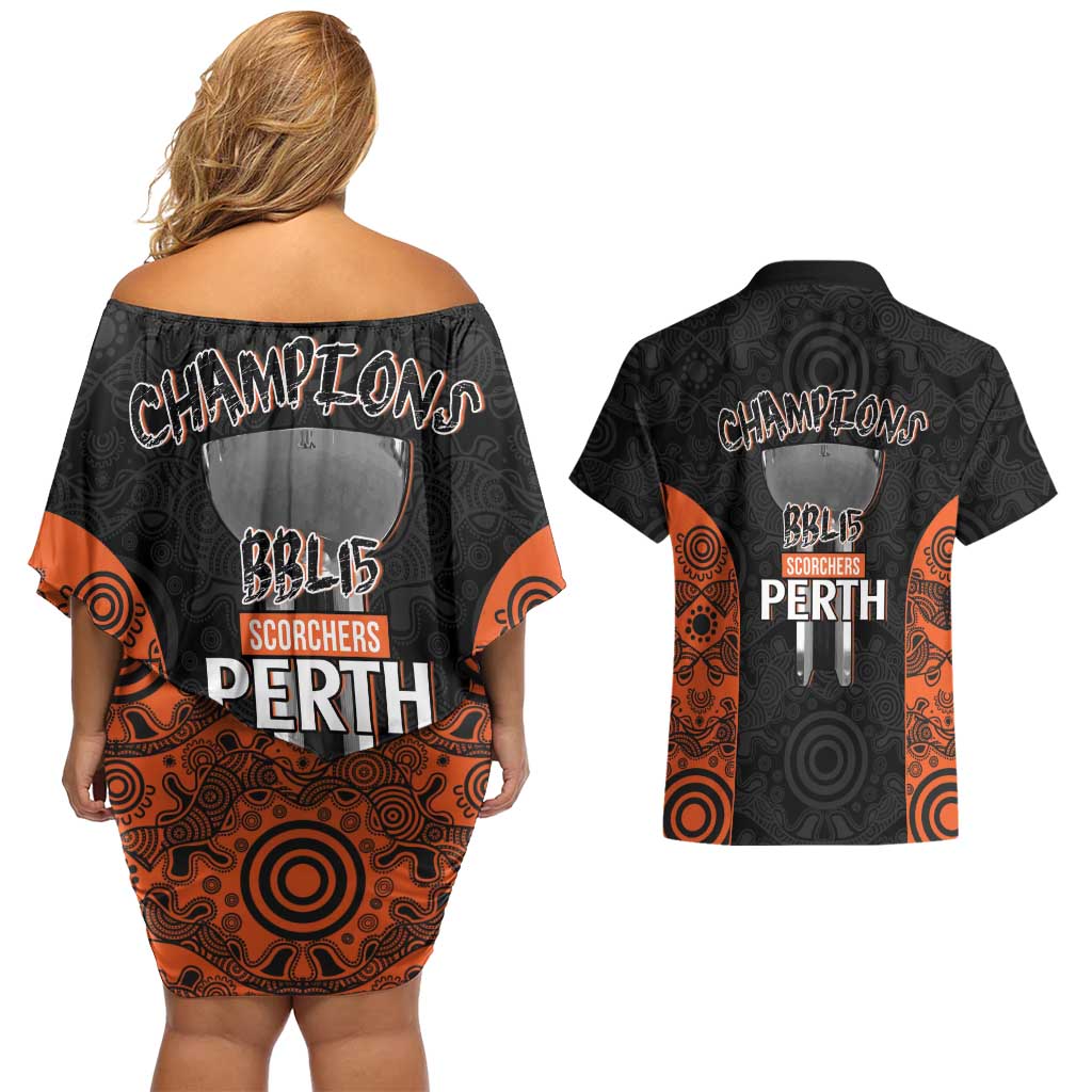 Cricket Australia Perth Champions 2026 Couples Matching Off Shoulder Short Dress and Hawaiian Shirt Black Aboriginal Dot Art
