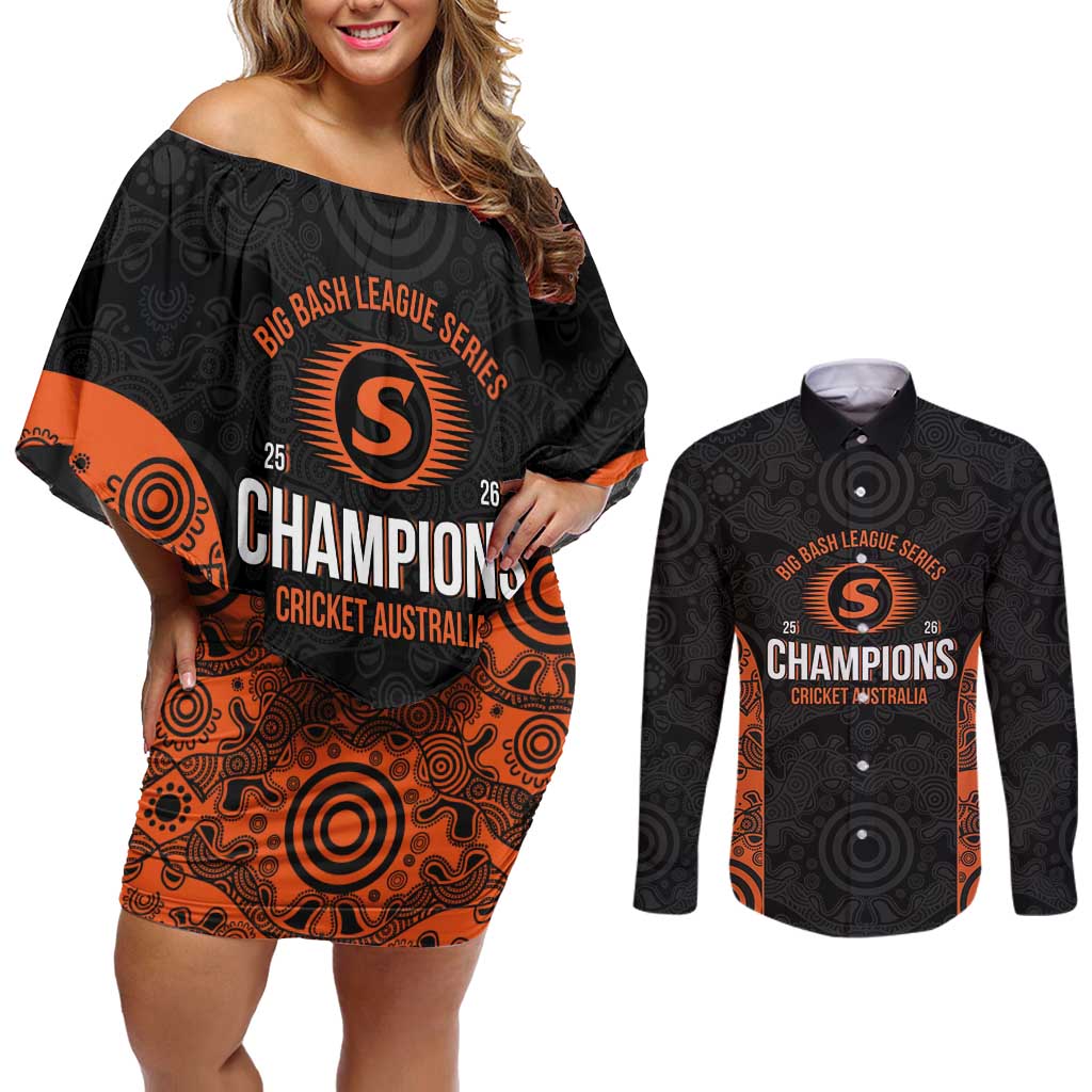 Cricket Australia Perth Champions 2026 Couples Matching Off Shoulder Short Dress and Long Sleeve Button Shirt Black Aboriginal Dot Art