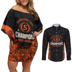 Cricket Australia Perth Champions 2026 Couples Matching Off Shoulder Short Dress and Long Sleeve Button Shirt Black Aboriginal Dot Art