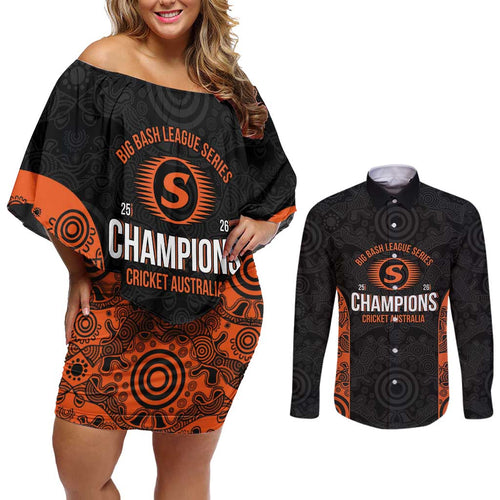 Cricket Australia Perth Champions 2026 Couples Matching Off Shoulder Short Dress and Long Sleeve Button Shirt Black Aboriginal Dot Art