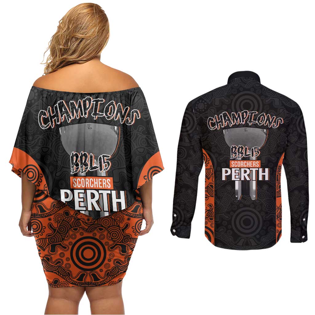 Cricket Australia Perth Champions 2026 Couples Matching Off Shoulder Short Dress and Long Sleeve Button Shirt Black Aboriginal Dot Art