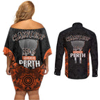 Cricket Australia Perth Champions 2026 Couples Matching Off Shoulder Short Dress and Long Sleeve Button Shirt Black Aboriginal Dot Art