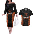 Cricket Australia Perth Champions 2026 Couples Matching Off The Shoulder Long Sleeve Dress and Hawaiian Shirt Black Aboriginal Dot Art
