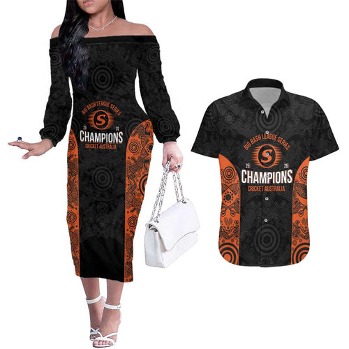 Cricket Australia Perth Champions 2026 Couples Matching Off The Shoulder Long Sleeve Dress and Hawaiian Shirt Black Aboriginal Dot Art