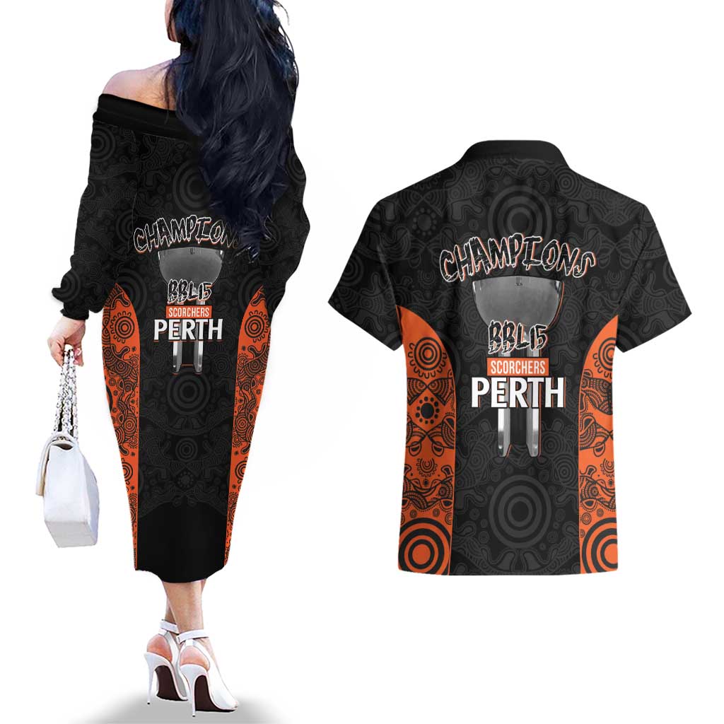 Cricket Australia Perth Champions 2026 Couples Matching Off The Shoulder Long Sleeve Dress and Hawaiian Shirt Black Aboriginal Dot Art