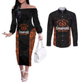 Cricket Australia Perth Champions 2026 Couples Matching Off The Shoulder Long Sleeve Dress and Long Sleeve Button Shirt Black Aboriginal Dot Art