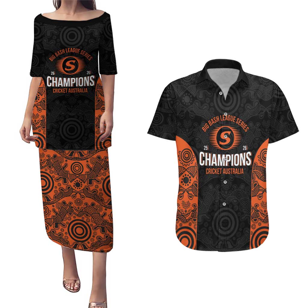 Cricket Australia Perth Champions 2026 Couples Matching Puletasi and Hawaiian Shirt Black Aboriginal Dot Art