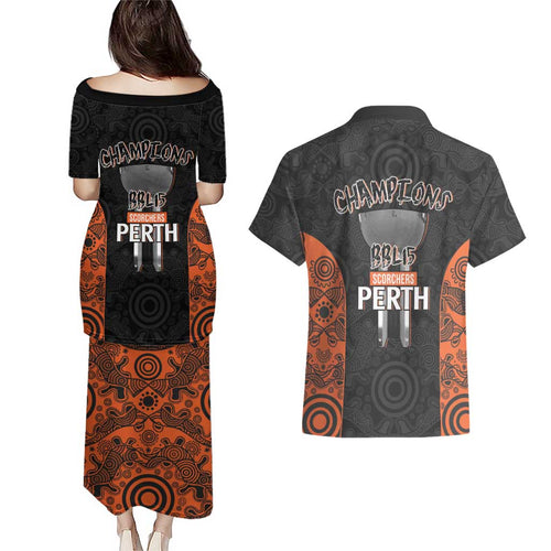 Cricket Australia Perth Champions 2026 Couples Matching Puletasi and Hawaiian Shirt Black Aboriginal Dot Art