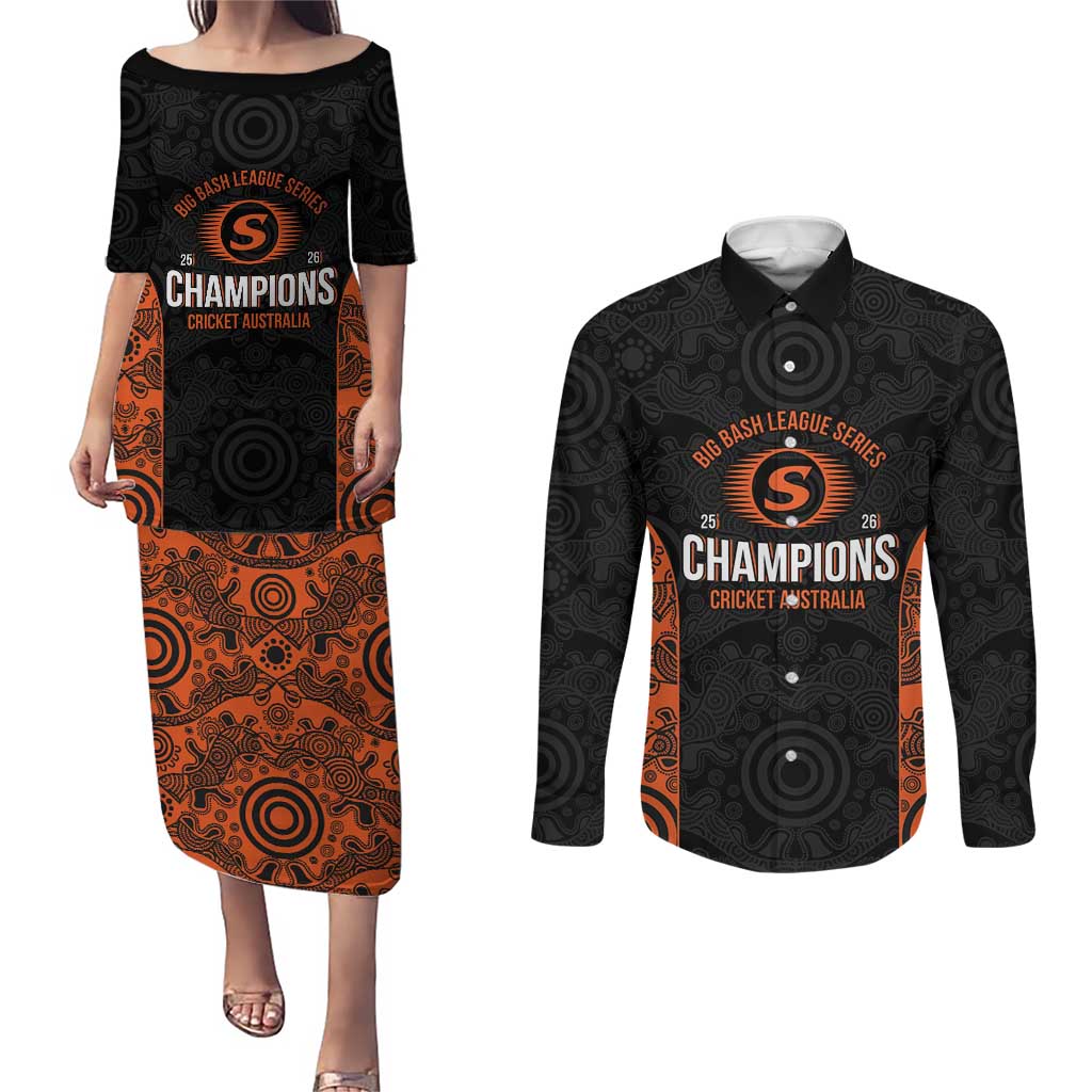 Cricket Australia Perth Champions 2026 Couples Matching Puletasi and Long Sleeve Button Shirt Black Aboriginal Dot Art