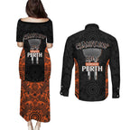 Cricket Australia Perth Champions 2026 Couples Matching Puletasi and Long Sleeve Button Shirt Black Aboriginal Dot Art