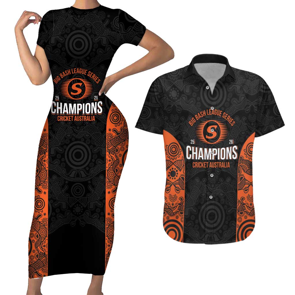 Cricket Australia Perth Champions 2026 Couples Matching Short Sleeve Bodycon Dress and Hawaiian Shirt Black Aboriginal Dot Art
